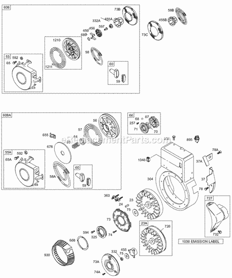 Blower HousingShrouds Flywheel Rewind Diagram and Parts List for 256422-1070-E1  Briggs and Stratton Engine